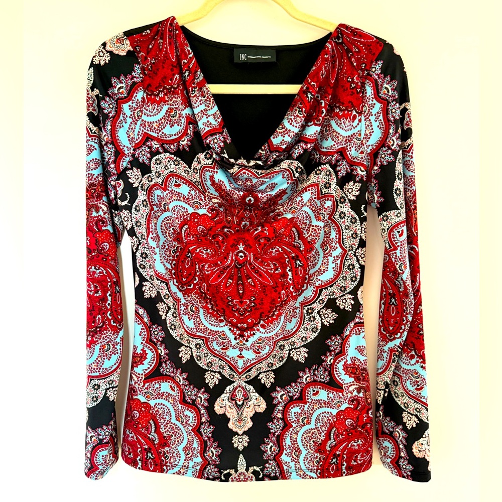 INC International Concepts Red and Black Graphic Blouse Size S